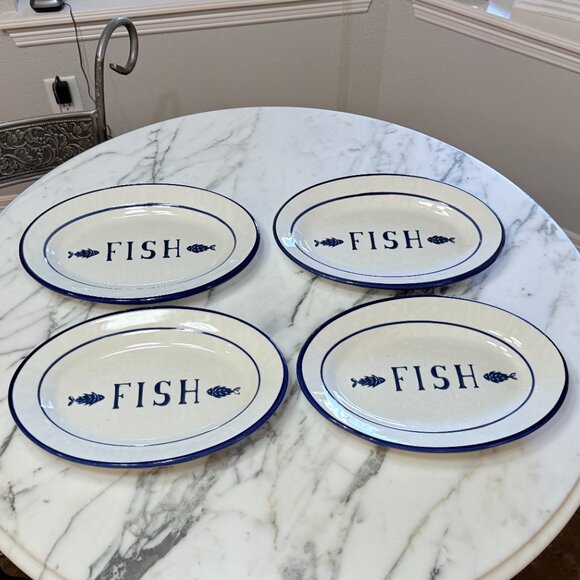 Set Of 4 Crate & Barrel Made in Italy Oval Fish Dinner Plates - Picture 6 of 9
